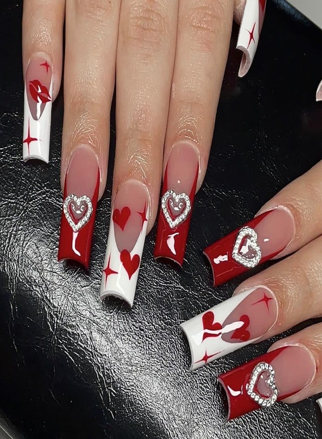 CJDLTS Heart Fake Nails Valentine's Red French Tip Press on Nails Long Red Love Heart Lip Design Acrylic Nails 3D Heart Coffin Nails Square Artificial Nails Full Cover Holiday Stick on Nails for Women - Image 1